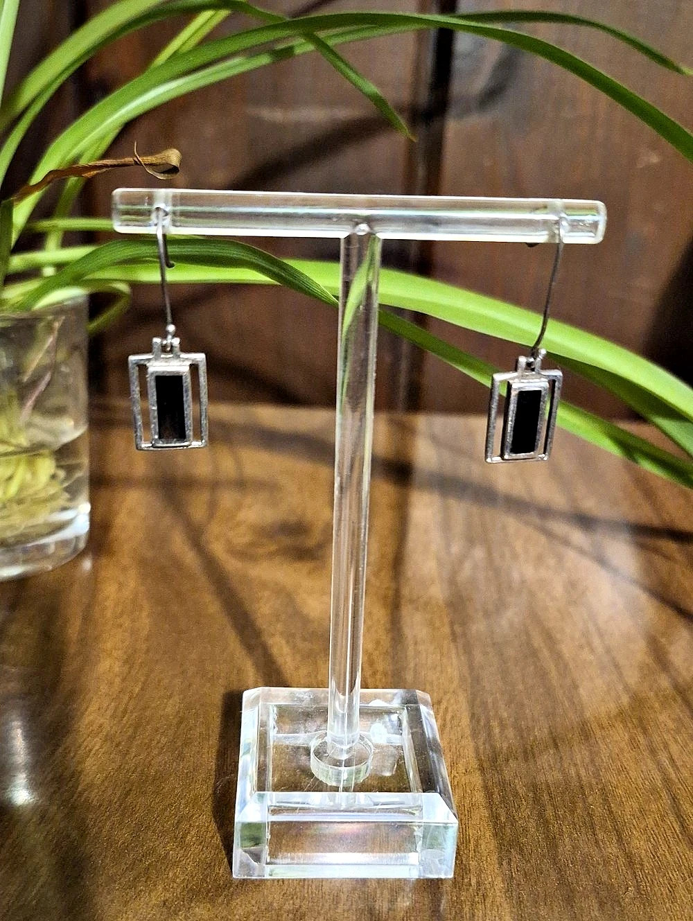 Sterling Rectangular Black Inset Earrings